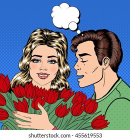 Man Giving Flowers to his Girlfriend and Whispering in her Ear. Happy Couple. Pop Art. Vector illustration