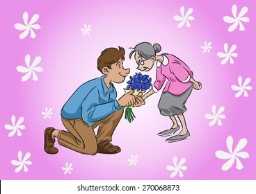 A man giving the flowers to his mother in Mother's day