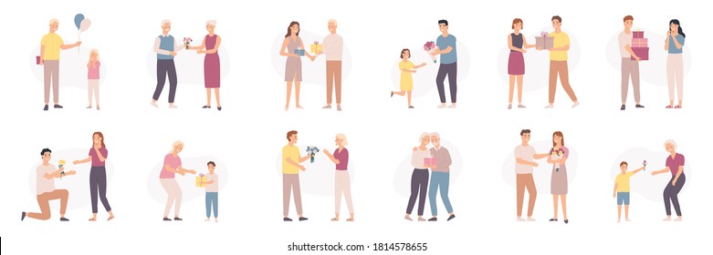 Man giving flowers. Men different ages give bouquet and gift to women and kids, floral present birthday or valentines day, vector set. Illustration bouquet romantic for girlfriend, relationship couple