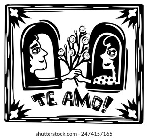 Man giving flowers to woman. I love you. Brazilian cordel style. Lettering in portuguese language. Love concept. Northeast woodcut style.
