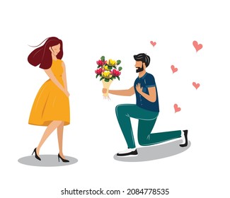 Man giving flowers to woman. Pretty couple in love. Valentine's day and love concept illustration. 