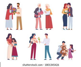 Man giving flowers. Young and elderly giving beautiful bouquets, romantic admirers present floral gift valentine day or birthday, holiday event congratulate and surprise characters flat vector set