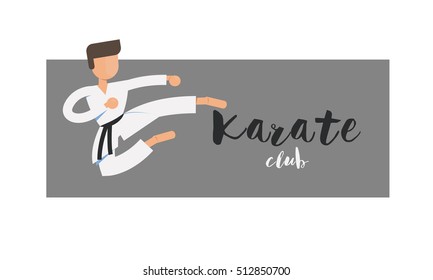 Man giving a flying kick. Sportsman in white kimono on gray background. Vector