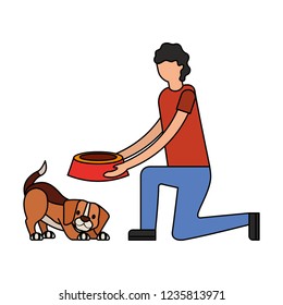 man giving food her dog