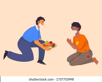 Man giving fruits to person in need with safety mask and Protect Yourself from Coronavirus.