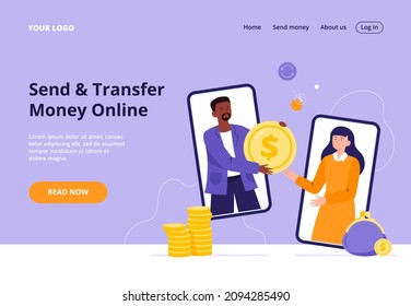 A man giving a giant coin to a woman. Concept of secure mobile payment, money transfer service, transaction, donation. Flat vector illustration for a banner, landing page.