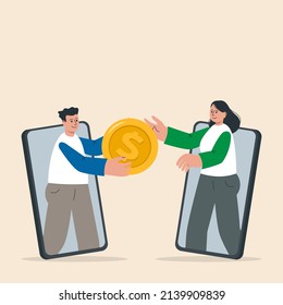 Man giving giant coin to woman. Safe online internet transaction. Concept of secure mobile payment, money transfer service, transaction, donation. Vector illustration