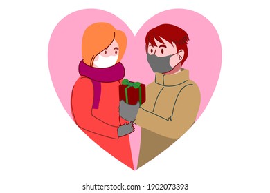 A man  is giving a gift box to his girlfriend in Valentine’s Day. They are wearing face mask cause of the COVID-19 situation.picture of a couple  inside a heart frame.