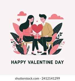 Man giving gift to girl, happy valentines day greeting illustration