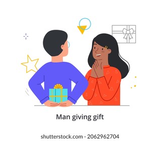 Man giving gift. Guy prepared surprise for his beloved, husband makes his wife happy, secret. Character standing with cardboard box behind his back, holiday. Cartoon flat vector illustration