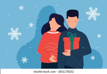 Man is giving gift to his girlfriend. Merry christmas holiday surprise. Character shopping day. Man holding gift box. Family with christmas present. Vector illustration.