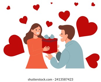 man giving gift to his girlfriend. Couple in love. Concept for Birthday, Valentine's Day or Holidays. Flat vector. illustration on white background.