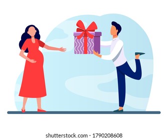 Man giving gift to his pregnant wife. Expecting couple, parents, present for baby flat vector illustration. Family, pregnancy, love concept for banner, website design or landing web page