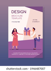 Man giving gift to his pregnant wife. Expecting couple, parents, present for baby flat vector illustration. Family, pregnancy, love concept for banner, website design or landing web page