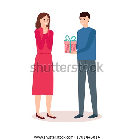 Man giving gift to woman, birthday present, valentines day surprise, vector illustration
