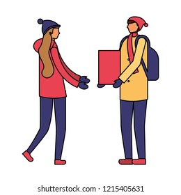 man giving gift a woman winter season