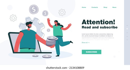 Man giving golden coins to woman through computer screen. Huge laptop, male holding money, happy female flat vector illustration. Banking, investment finances concept for banner, website design