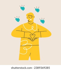 Man giving heart shape hand gesture. Charity and volunteer work concept. Colorful vector illustration
