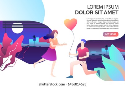 Man Giving Heart Shaped Balloon To Woman. Flirt, Together, Feelings Concept. Presentation Slide Template. Vector Illustration For Topics Like Relationship, Love, Romance