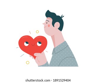 Man giving a heart - Valentines day graphics. Modern flat vector concept illustration - a young man, holding the big heart. Hearts and flowers. Cute characters in love concept