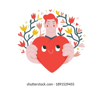 Man giving a heart - Valentines day graphics. Modern flat vector concept illustration - a young man surrounded by plants, holding the big heart. Hearts and flowers. Cute characters in love concept