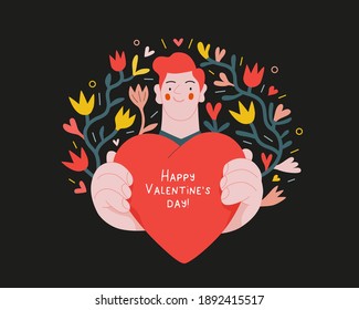 Man giving a heart - Valentines day graphics. Modern flat vector concept illustration - a young man surrounded by plants, holding the big heart. Hearts and flowers. Cute characters in love concept