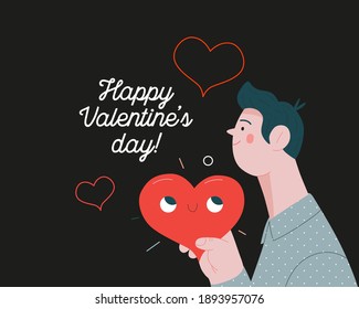 Man giving a heart - Valentines day graphics. Modern flat vector concept illustration - a young man, holding the big heart. Hearts and flowers. Cute characters in love concept