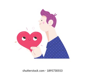 Man giving a heart - Valentines day graphics. Modern flat vector concept illustration - a young man, holding the big heart. Hearts and flowers. Cute characters in love concept