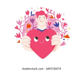 Man giving a heart - Valentines day graphics. Modern flat vector concept illustration - a young man surrounded by plants, holding the big heart. Hearts and flowers. Cute characters in love concept