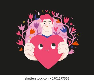 Man giving a heart - Valentines day graphics. Modern flat vector concept illustration - a young man surrounded by plants, holding the big heart. Hearts and softs. Cute characters in love concept