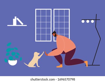 Man giving high five to a dog in a cozy room. Friendship between dog and owner. Dog person. Best friends. Guy plays with puppy at home. Flat vector illustration