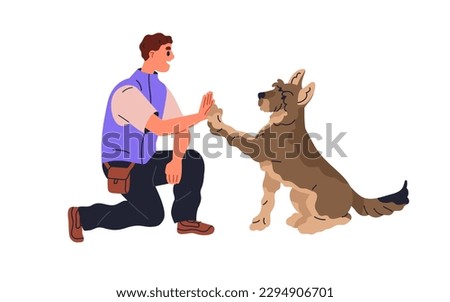 Man giving high five to dog. Doggy and canine trainer gesturing with hand and paw. Owner, cynologist training smart obedient puppy. Flat graphic vector illustration isolated on white background