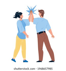 Man Giving High Five Young Woman Friend Vector. Friendly People Giving High Five Together, Greeting Or Celebrating Success. Characters Congratulating, Funny Time Flat Cartoon Illustration