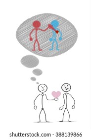 man giving his heart but shadow shows it is sham and he want to pierce heart, crosshatched image