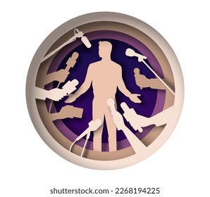 Man giving interview vector icon. Male celebrity character performing on television paper cut illustration. News report presentation broadcasting, professional journalism, politics