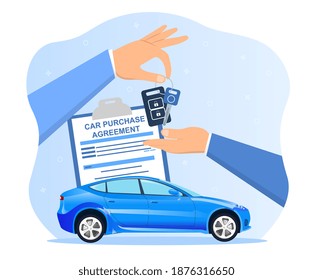 Man is giving keys to customer who just bought a car. Concept of car purchase agreement. Man spent a lot of money on new blue car. Flat cartoon vector illustration