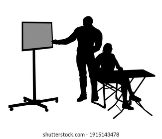 Man is giving a lecture in front of a screen and a woman is sitting at a table in the office. Isolated silhouettes on white background