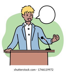 A man is giving a lecture. hand drawn style vector design illustrations. 