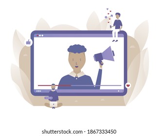 A man is giving a lecture online. Video platform. Vector illustration with Web communication idea for telework, remote working, social media, business, finance, and start up