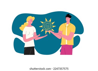 Man giving mental support to woman. The concept of treating depression with antidepressants. Vector illustration in flat style