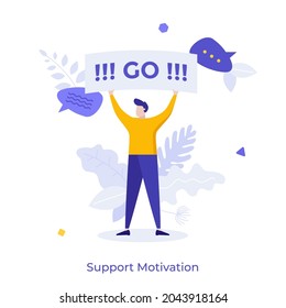 Man giving motivational speech or lecture. Concept of speaker giving motivation, support, encouragement and inspiration during leadeship training. Modern flat colorful vector illustration for banner.