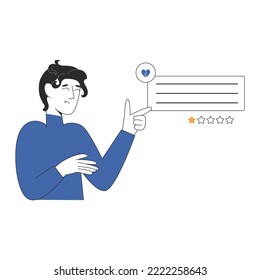 Man giving negative feedback to bad service. One star rating customer satisfaction. Review concept. Vector illustration in flat style isolated on white background