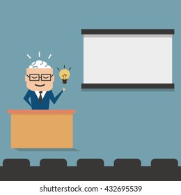 Man giving new idea for his presentation,flat vector design.