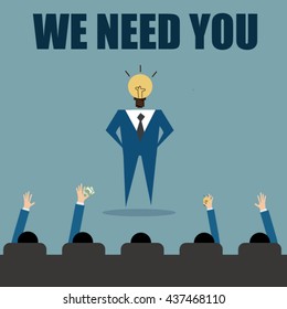 Man giving new idea for his presentation,job search career hiring opportunity concept, flat vector design.
