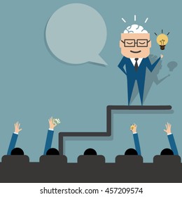 Man giving new idea for his presentation,flat vector design.