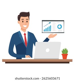 Man Giving Online Business Presentation on Laptop Vector