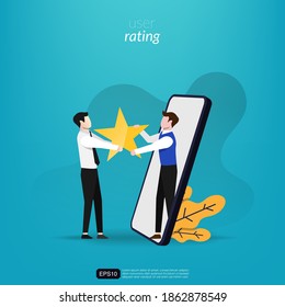 Man giving online star rating with smartphone symbol. Satisfied review vector illustration