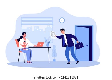 Man giving paper document to frustrated woman with child. Sad news from shocked male character flat vector illustration. invoice, dismissal concept for banner, website design or landing web page