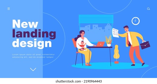 Man Giving Paper Document To Frustrated Woman With Child. Sad News From Shocked Male Character Flat Vector Illustration. Invoice, Dismissal Concept For Banner, Website Design Or Landing Web Page