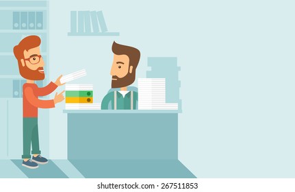 A man giving a paper work to do to other man, stressful man in office with stack of paper on his desk. Business concept in overload work and very busy. A contemporary style with pastel palette soft